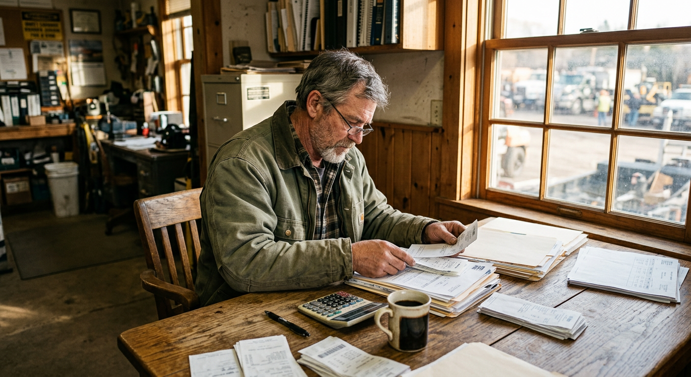 Older owner-operator organizing past due 1099 taxes and receipts at a table for professional business tax prep services.
