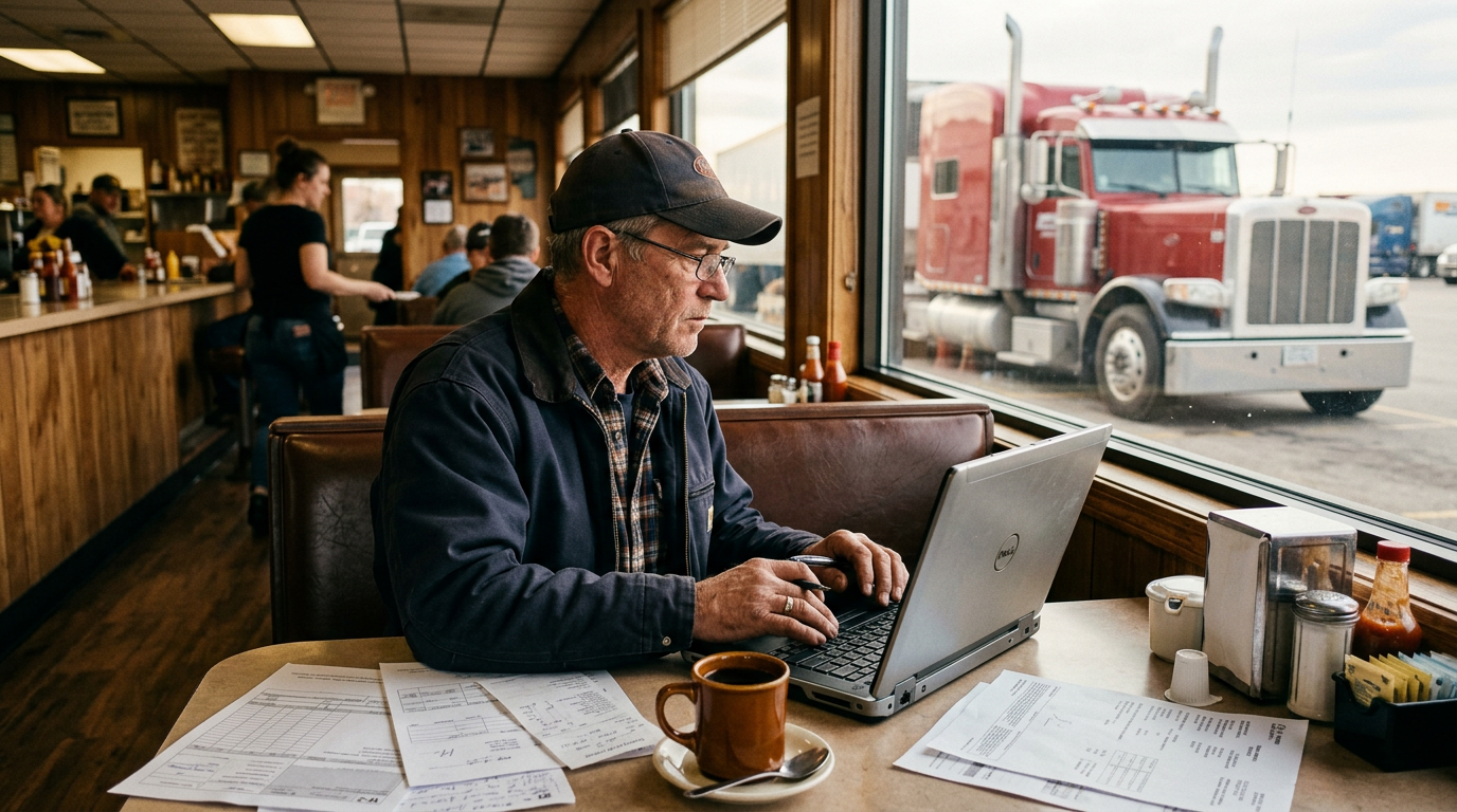 Owner-operator truck driver reviewing tax documents on a laptop at a diner.