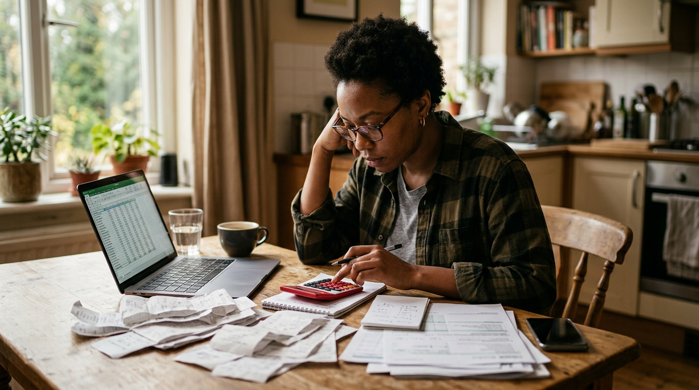 Gig worker reviewing 1099 tax documents and receipts at a laptop, preparing for business tax filing.