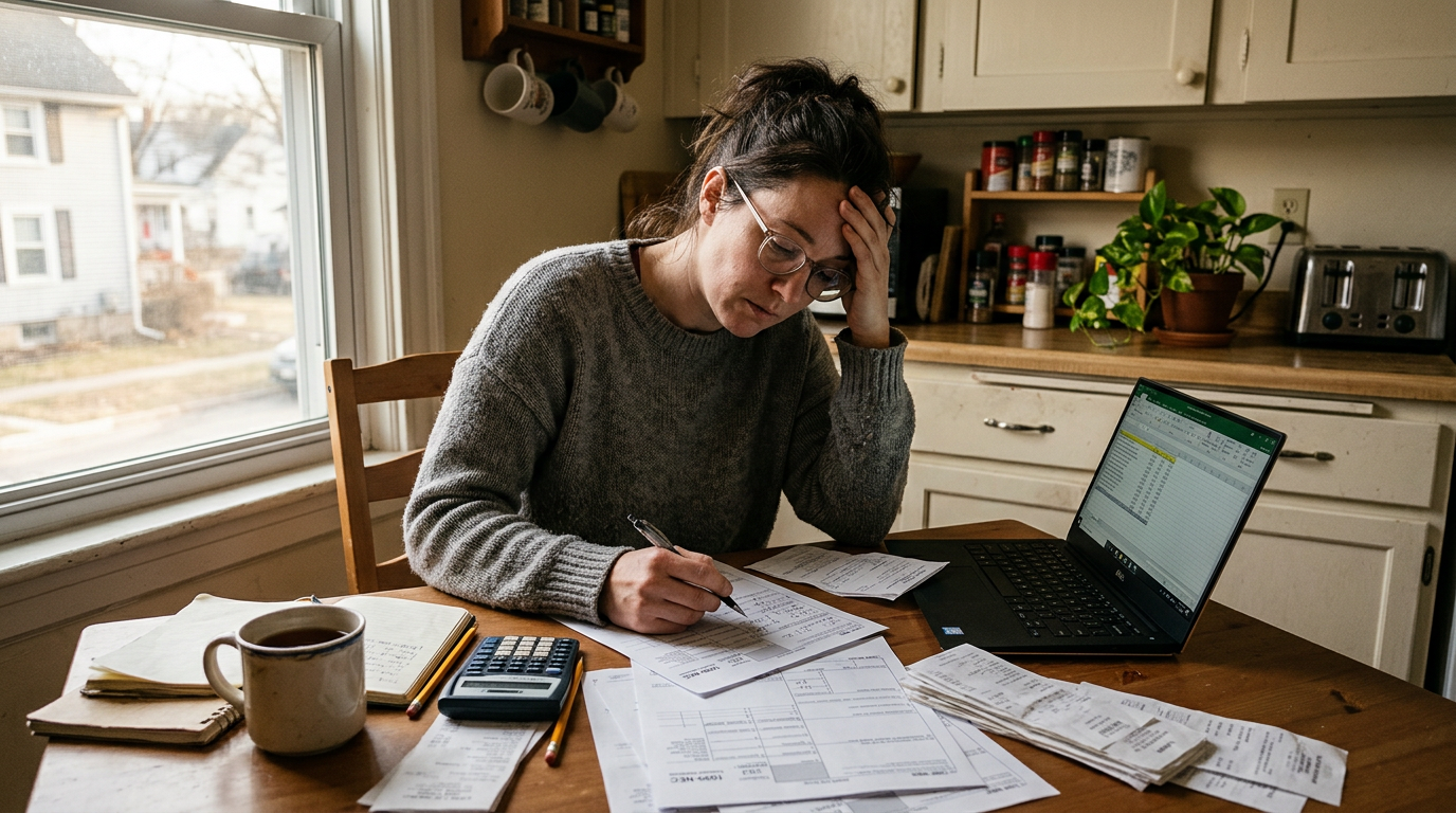 Stressed gig worker reviewing 1099 tax forms and laptop for past due tax filing.
