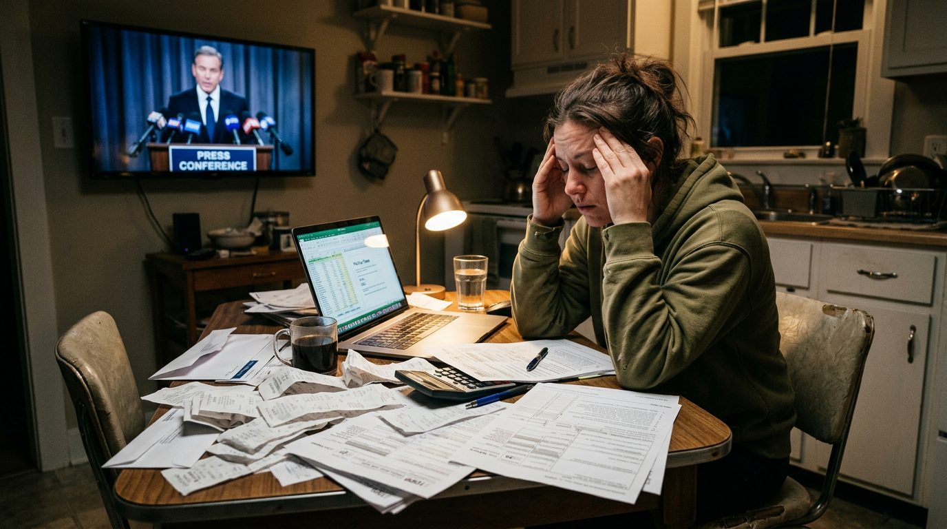 Stressed gig worker doing 1099 tax filing late at night, highlighting tax preparation and audit concerns.