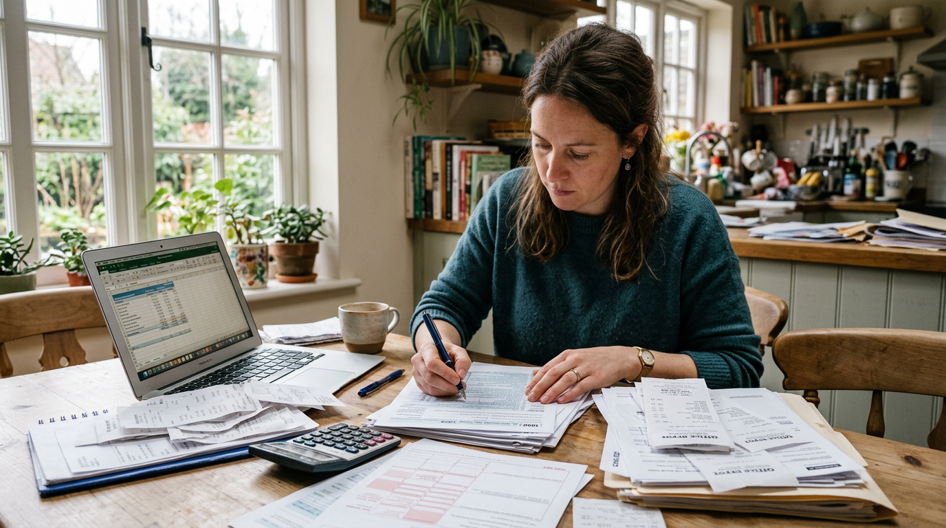 Freelancer preparing 1099 tax filing documents and receipts at home, seeking audit protection and tax prep services.