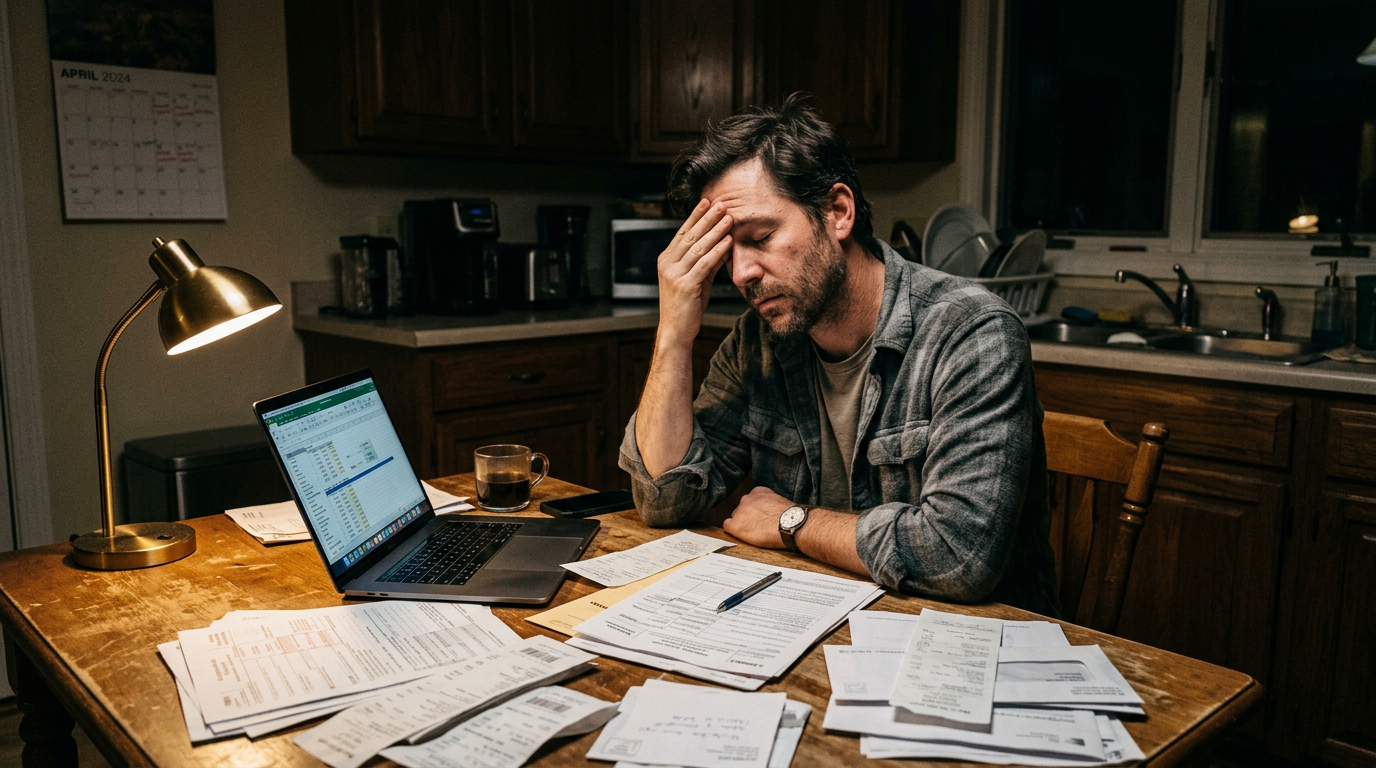 Stressed independent contractor reviewing 1099 tax forms and receipts on a laptop late at night.