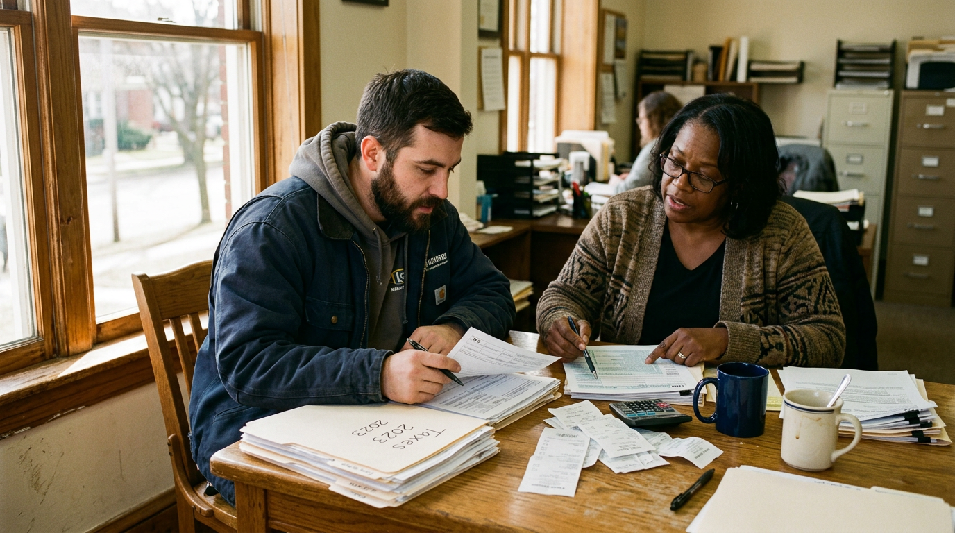 Gig worker reviewing past due 1099 forms with a tax filing professional to resolve IRS tax returns.