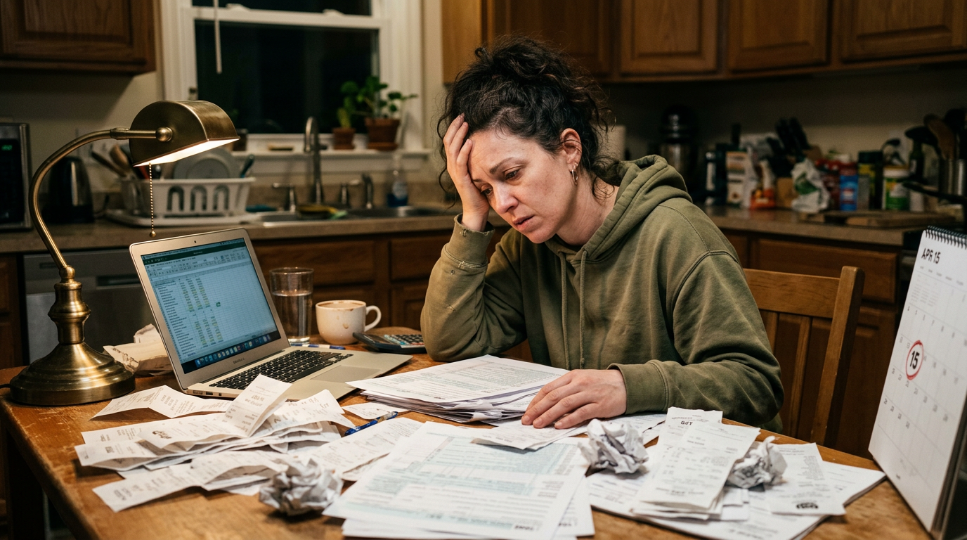 Stressed gig worker organizing past due 1099 taxes at home. Find a 1099 tax filing professional to recover lost refunds.