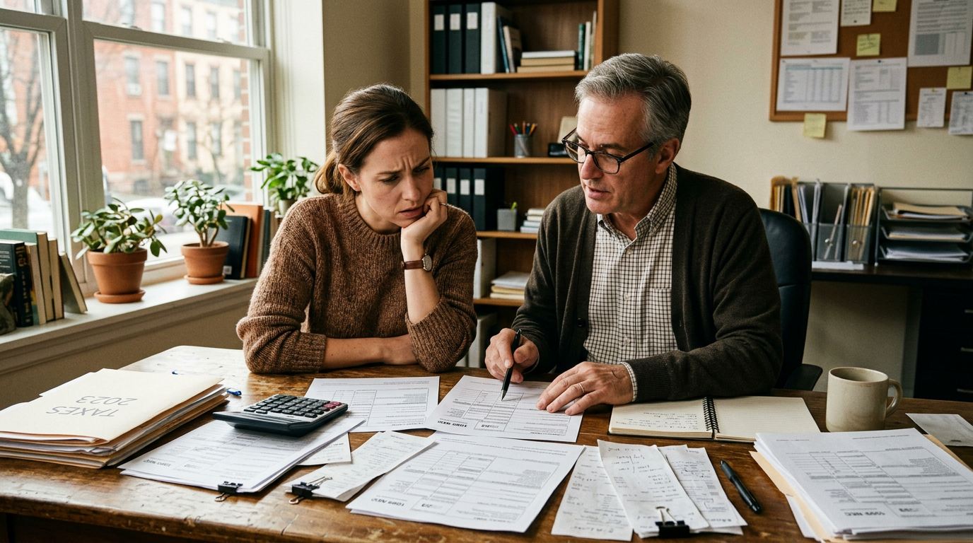 Gig worker meeting with a 1099 tax filing professional for tax preparation services and document review.