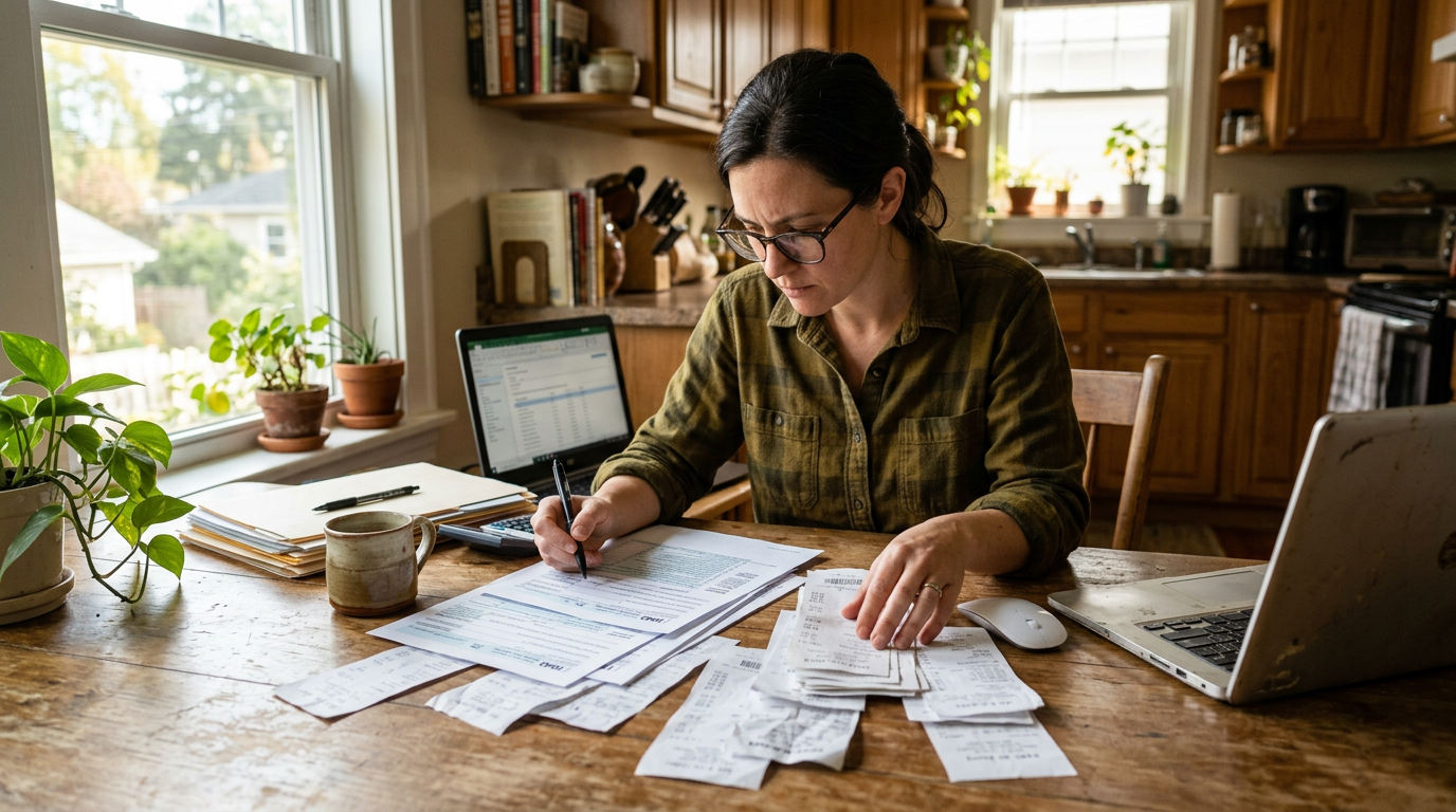 Gig worker organizing receipts and tax forms at a table for 1099 tax filing and business tax planning.