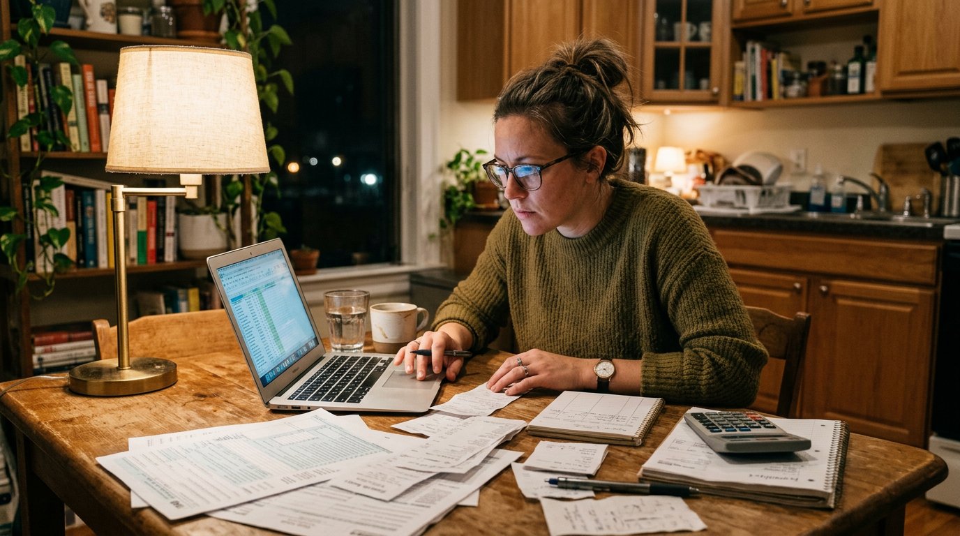 Gig worker doing 1099 tax filing on a laptop at a kitchen table, surrounded by receipts and tax return documents.