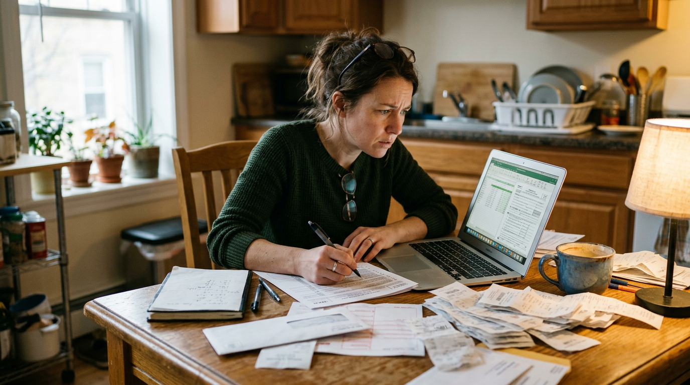 Independent gig worker at a laptop reviewing 1099 tax filing documents and receipts for business tax planning.