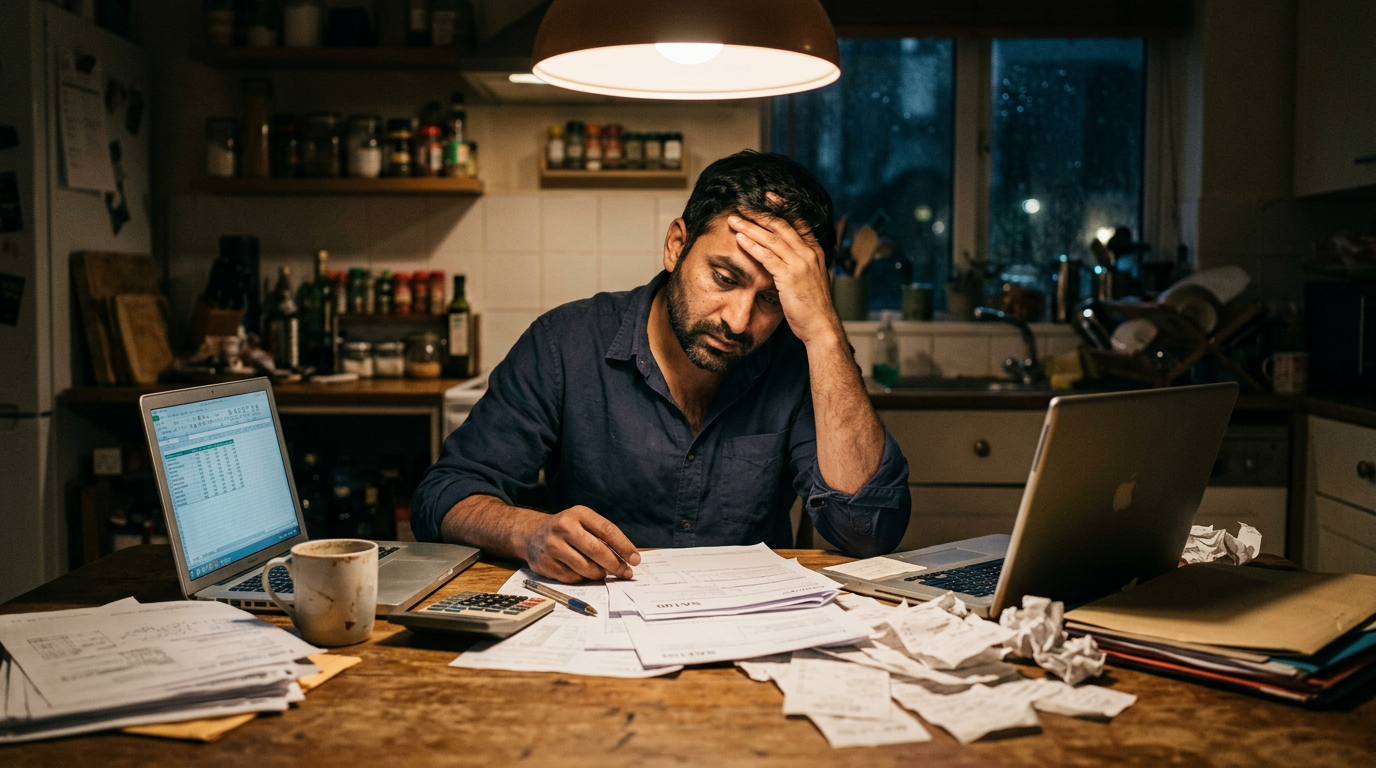 Stressed gig worker looking at 1099 tax filing documents and a laptop, representing IRS audits for owner-operators.