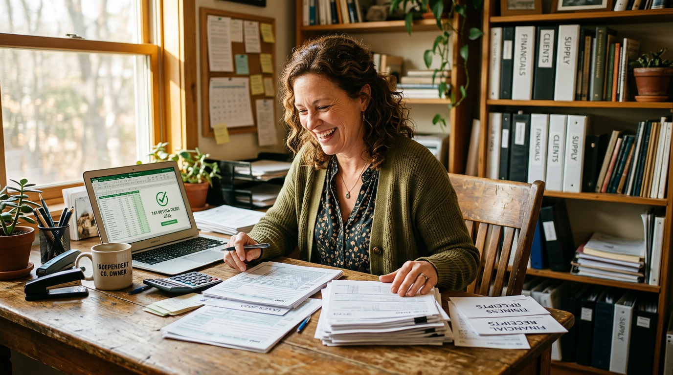 Owner-operator reviewing 1099 tax filing and business tax planning documents on a laptop.