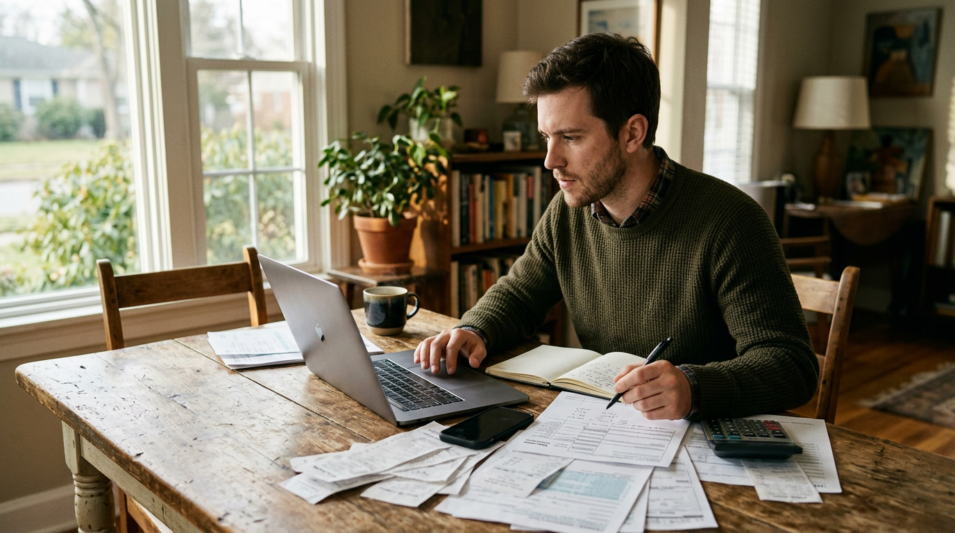 Gig worker reviewing 1099 tax filing forms and receipts at a laptop for business tax planning and preparation.