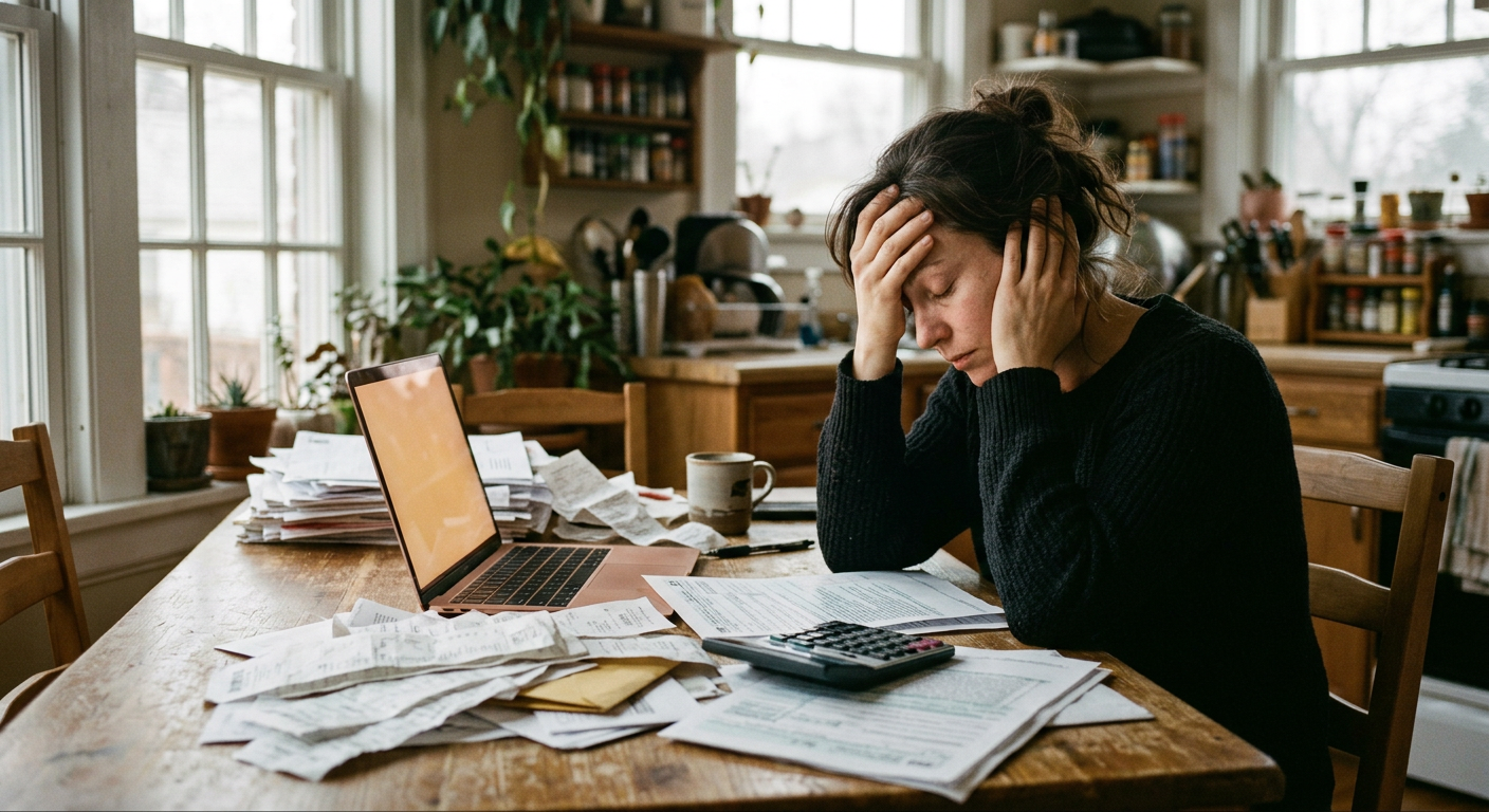 Stressed gig worker reviewing messy tax receipts and 1099 forms at a laptop.