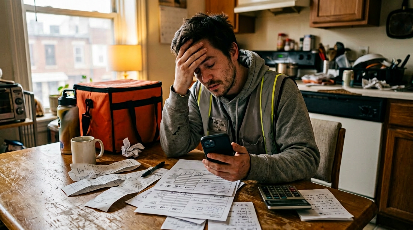 Stressed gig worker at a table with receipts, figuring out how to file past due 1099 taxes after an app outage.