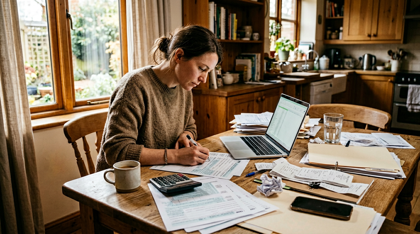 A gig worker organizing receipts and paperwork at a wooden desk for business tax planning and 1099 tax filing.
