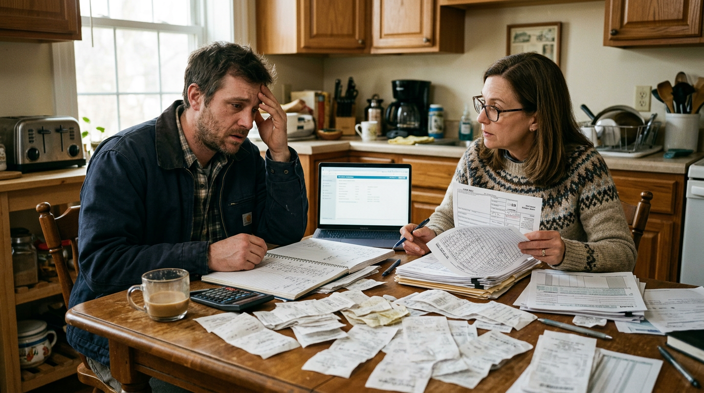 Gig worker and professional tax preparer reviewing 1099 forms and receipts at a table for a tax filing service.