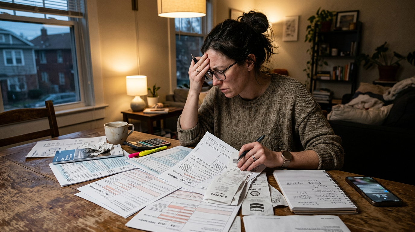 Stressed gig worker reviewing 1099 tax forms and receipts at a table, showing the need for tax filing services.