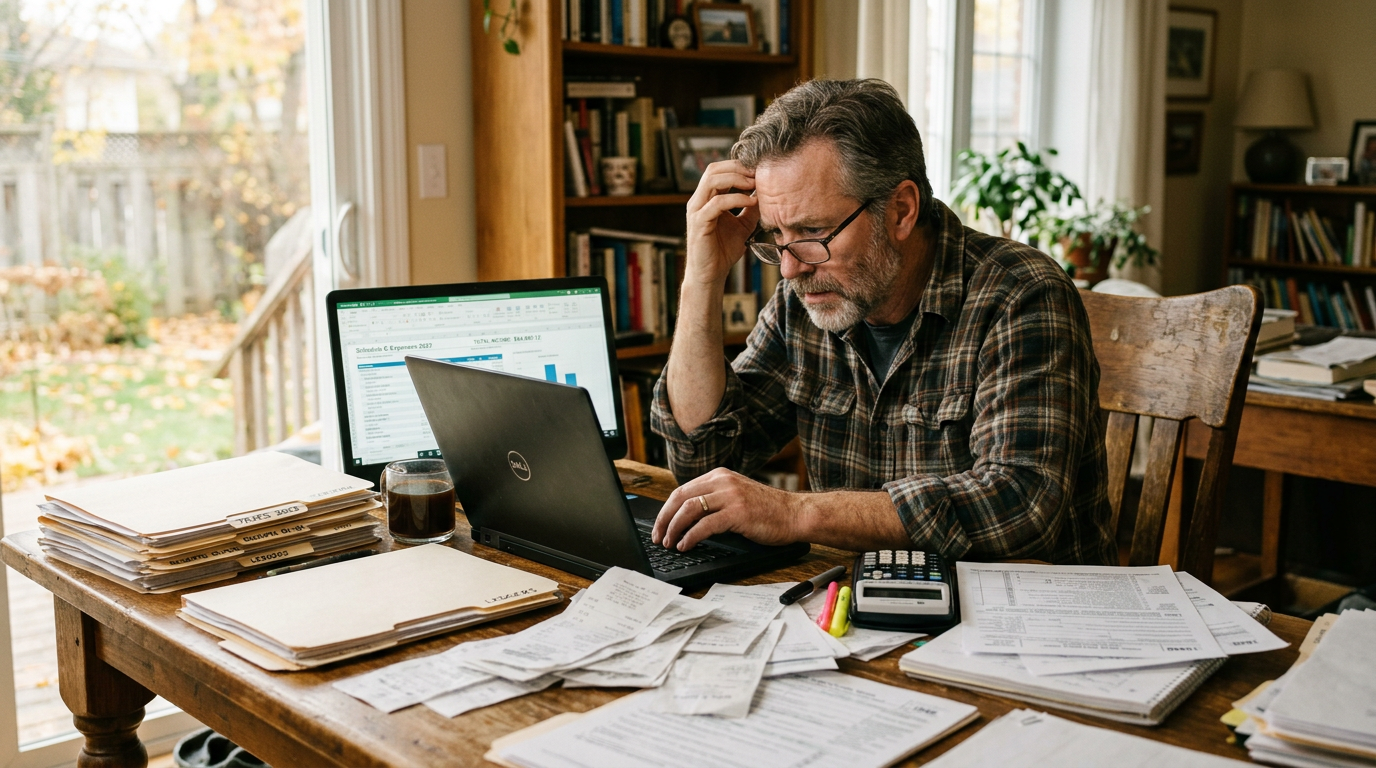 Independent contractor organizing paperwork and receipts at a laptop to file past due 1099 taxes.