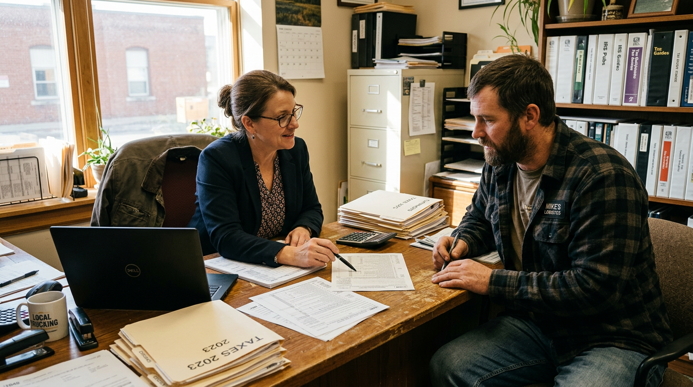 Owner-operator meets with a professional tax advisor for business advisory services and 1099 tax filing help.