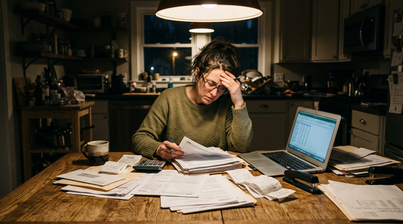 Stressed owner-operator organizing documents for 1099 tax filing at a kitchen table.