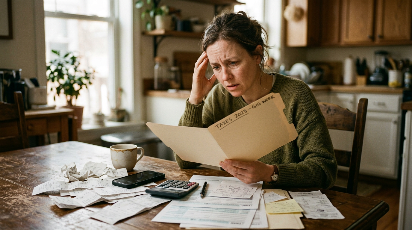 Stressed gig worker sorting receipts at a table missing 1099 forms, highlighting tax filing mistakes.