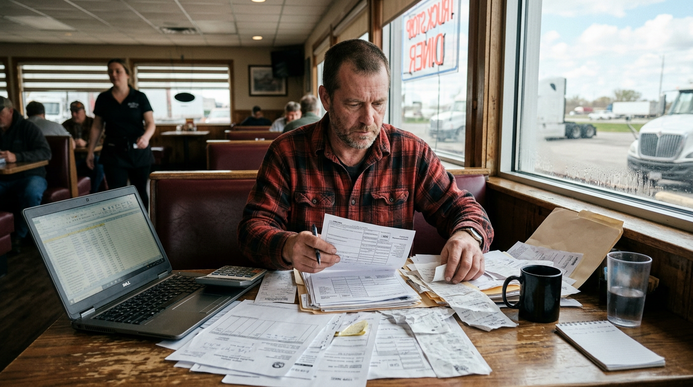 Truck owner-operator organizing 1099 tax forms and receipts at a table for business tax planning and filing.