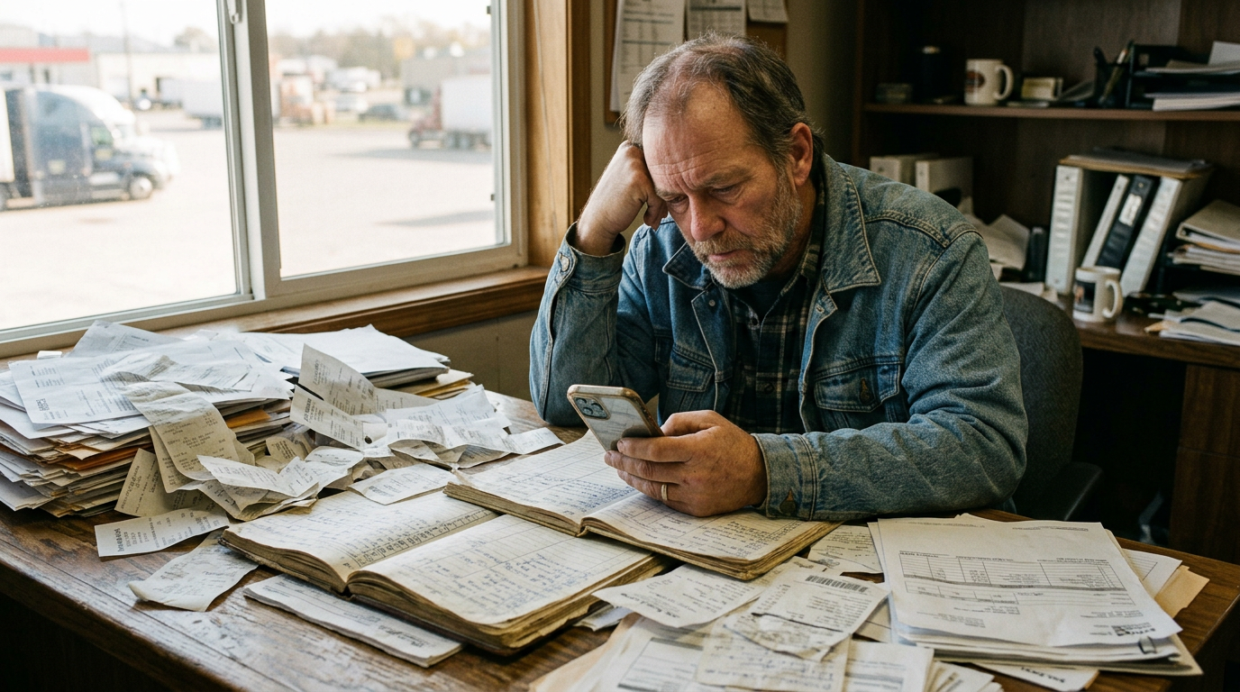 Stressed owner operator holding a smartphone near tax documents, needing a business tax planning service for 1099 filing.