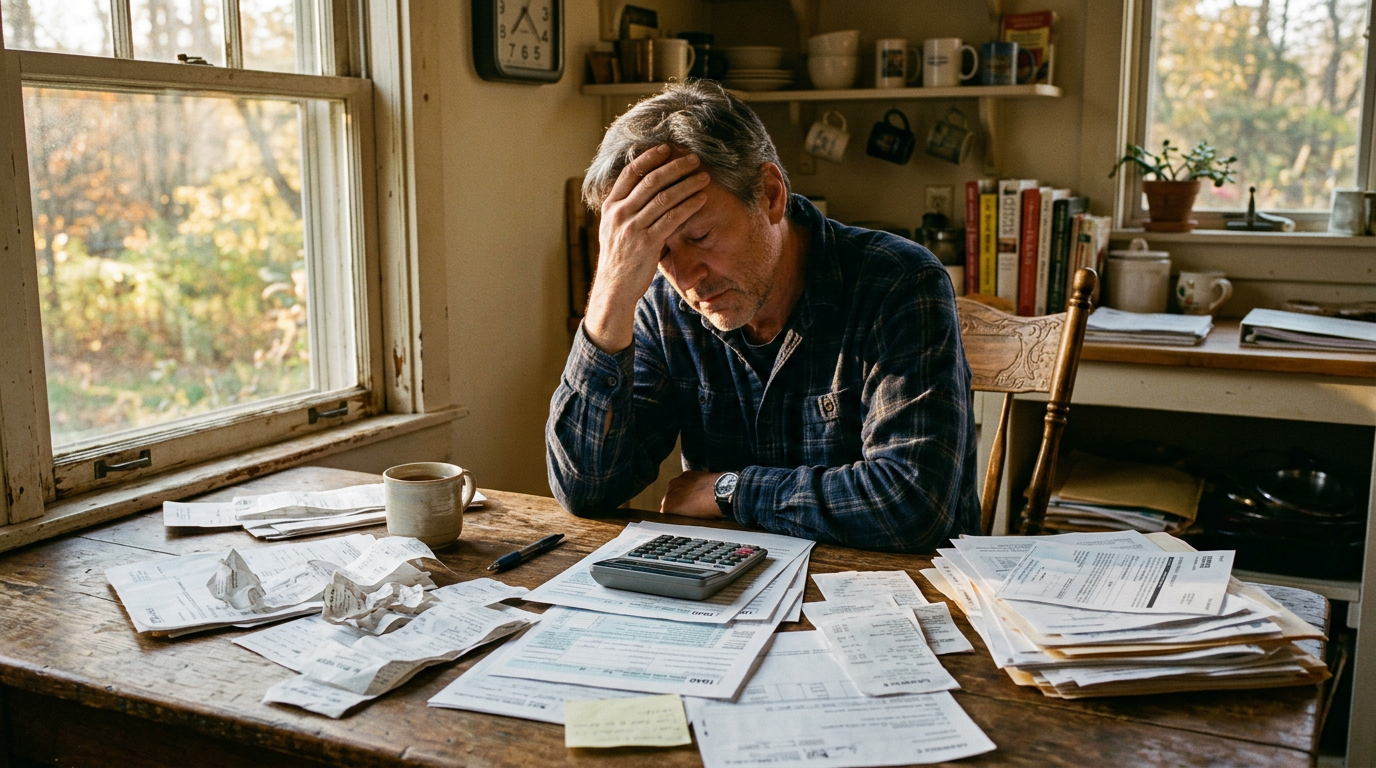 Stressed independent contractor sorting through 1099 tax filing paperwork and business tax receipts at a kitchen table.