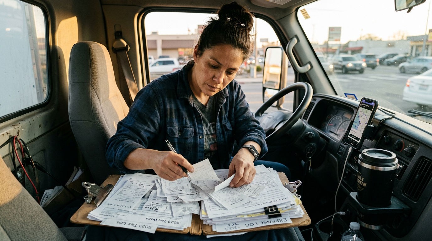 Gig worker organizing 1099 tax filing documents and receipts in a truck, highlighting owner-operator tax preparation.