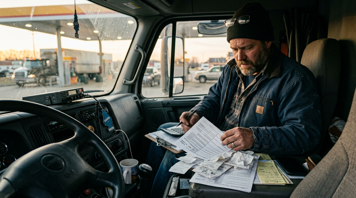 Owner-operator driver reviewing fuel receipts to file past due 1099 taxes and claim gas rebates.