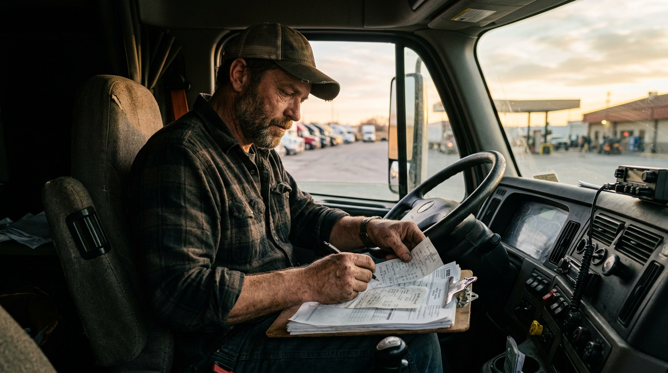 Owner-operator truck driver reviewing fuel receipts and past due 1099 tax returns.