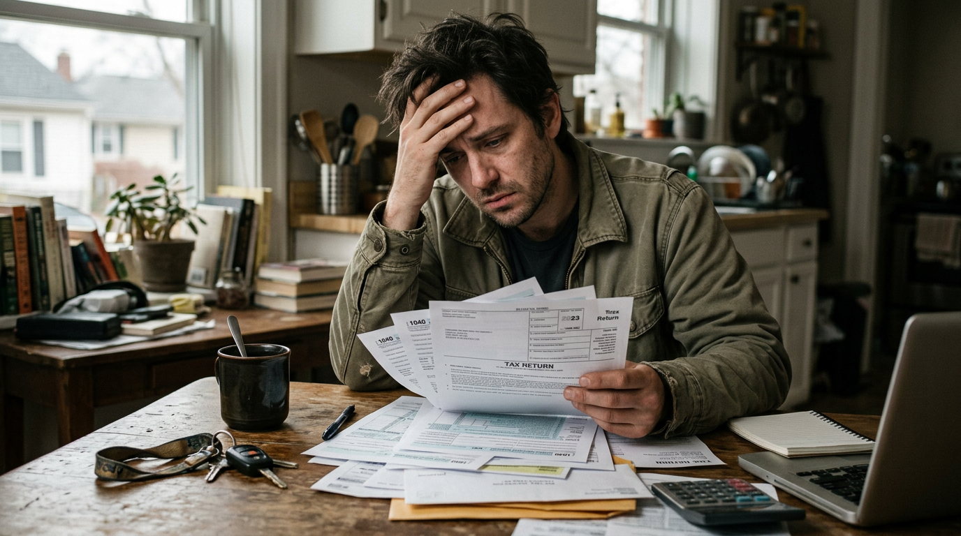 Stressed gig worker looking at 1099 tax forms at home, representing the risks of using unverified tax prep services.