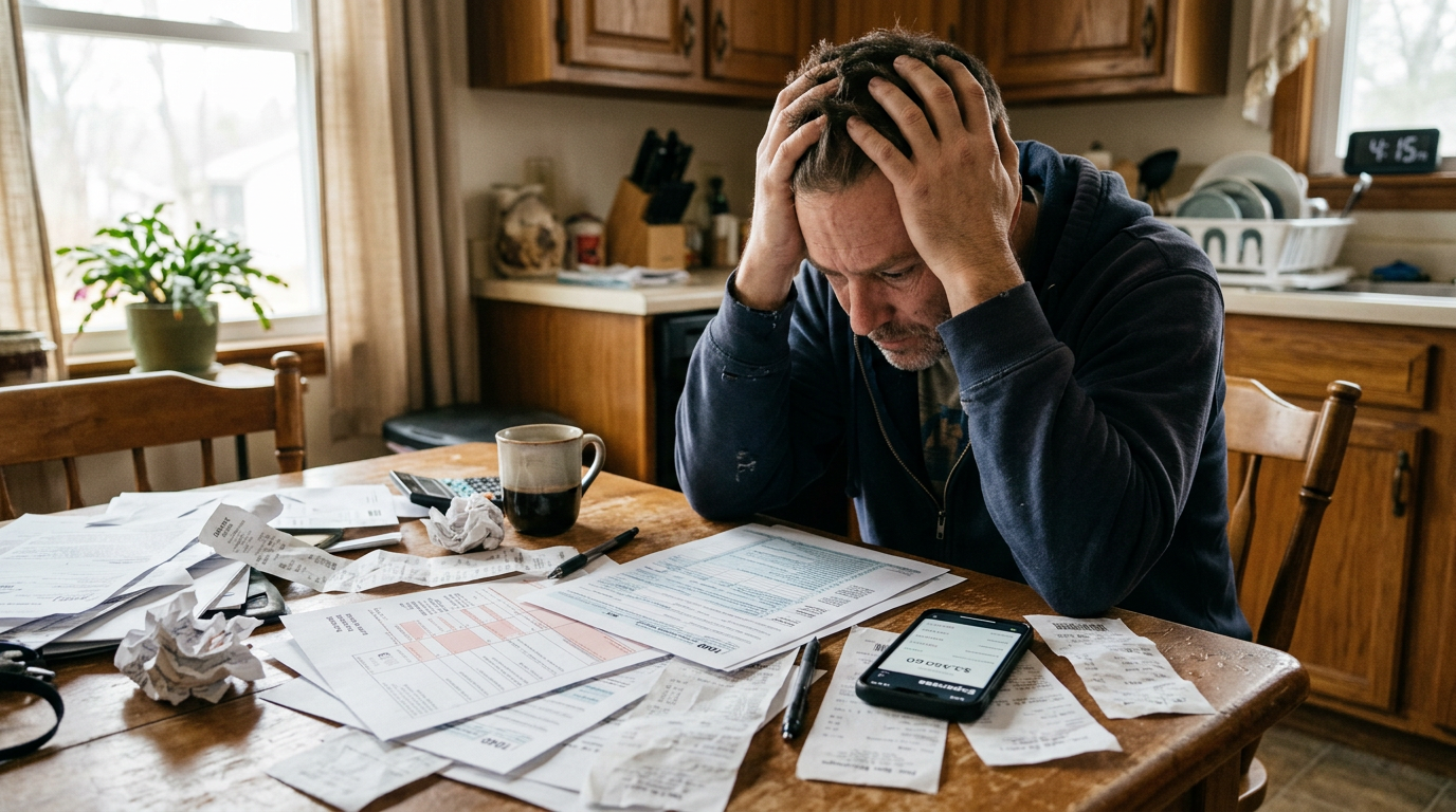 Stressed rideshare driver reviewing 1099 tax prep documents and receipts at a table, worried about past due taxes.