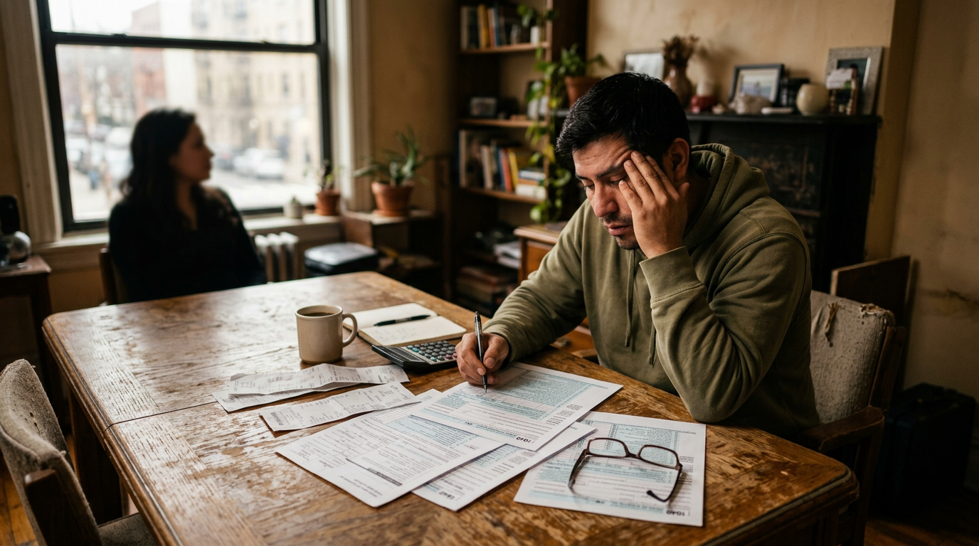 Tired gig worker reviewing 1099 tax prep documents and audit paperwork at a table.