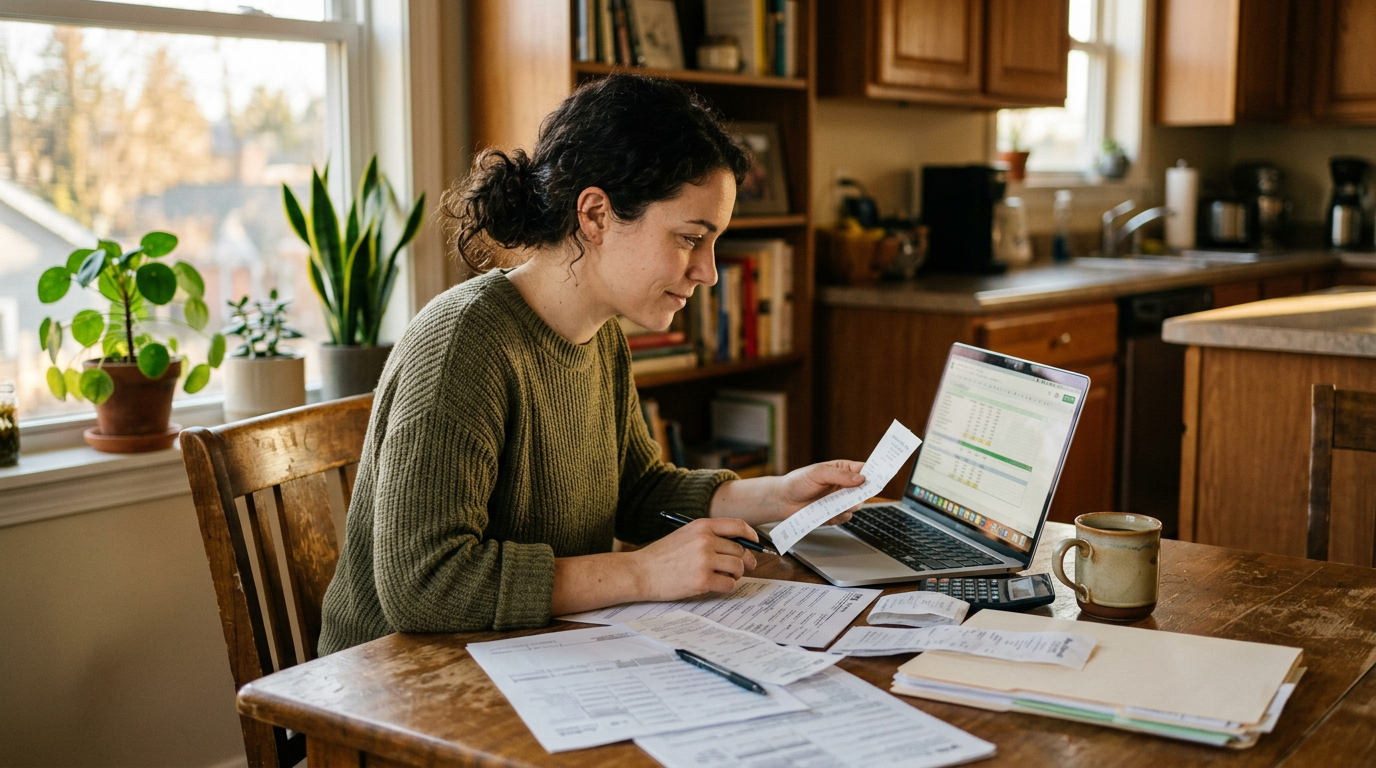 Freelance gig worker doing tax prep and filing past due 1099 taxes on a laptop at home.