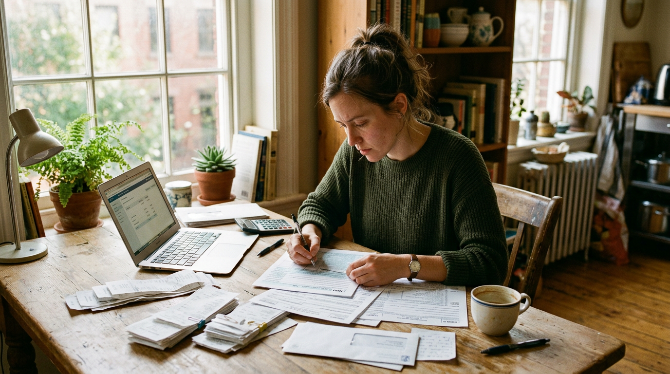 Gig worker organizing forms for 1099 tax filing and business tax planning at a wooden desk with a laptop.