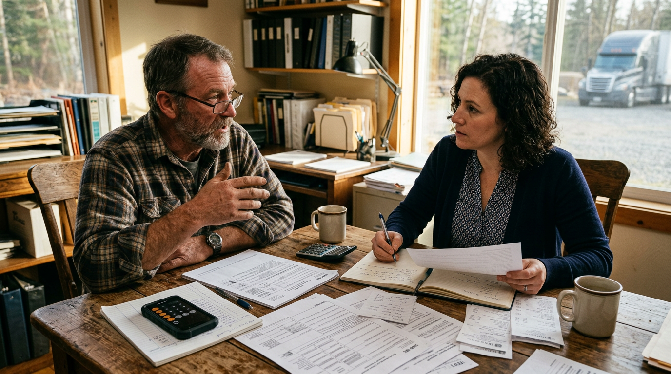 Tax filing service professional helping an owner operator with 1099 business tax planning and past returns.