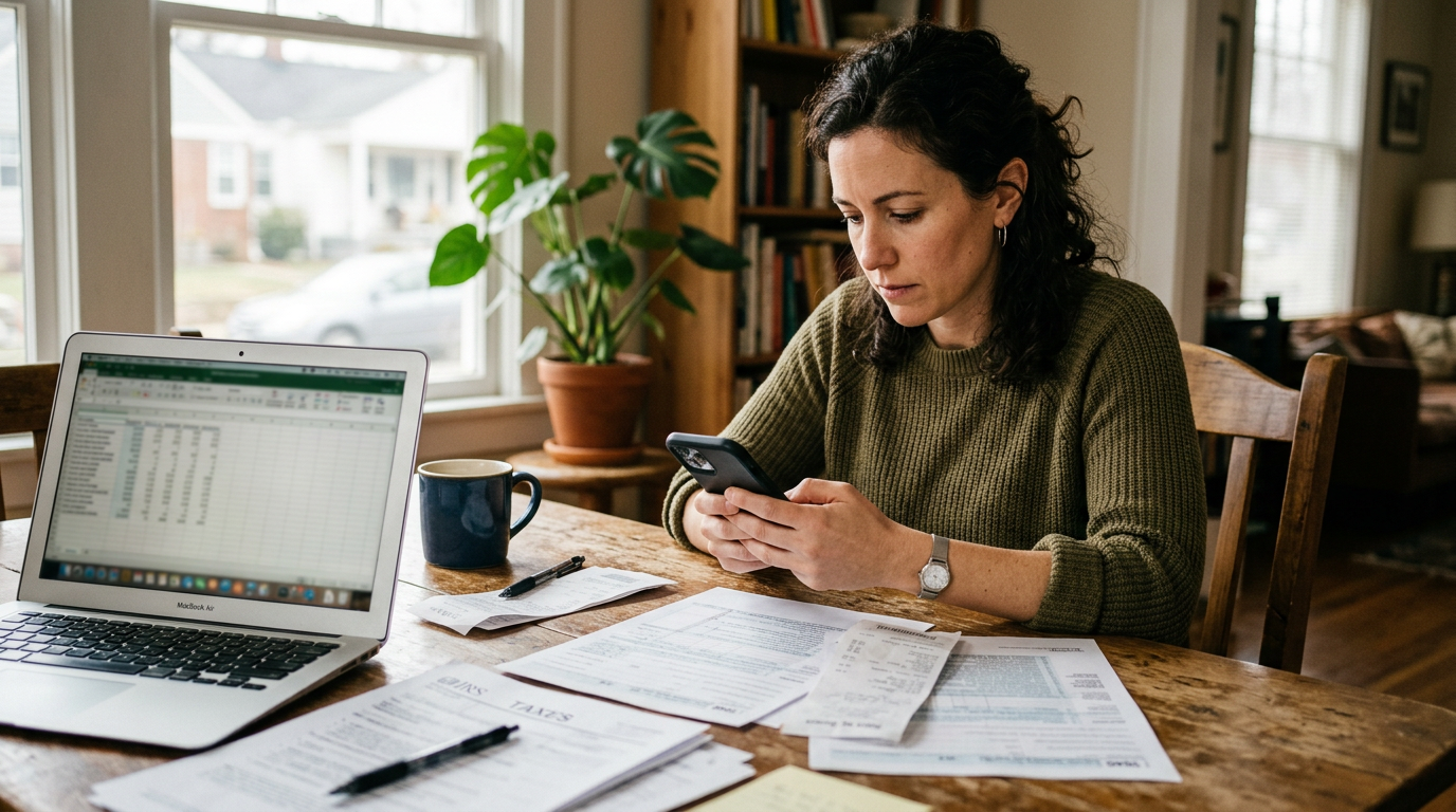 1099 worker checking tax refund status on a smartphone at a desk with tax documents.