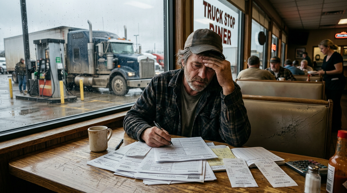 Truck owner operator reviews past due 1099 tax paperwork and fuel receipts at a diner to offset high diesel costs.