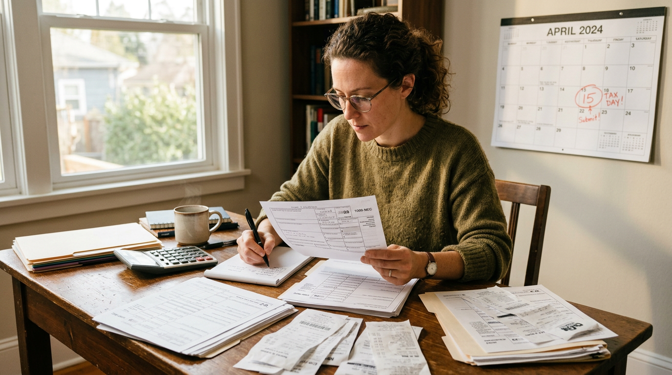 Freelancer organizing 1099 tax filing forms at a desk for business tax planning and professional tax preparation.