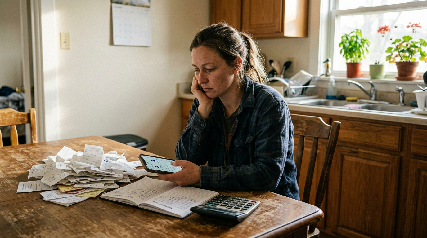 Stressed gig worker looking at a phone next to a pile of 1099 tax receipts and mileage logs on a wooden kitchen table.