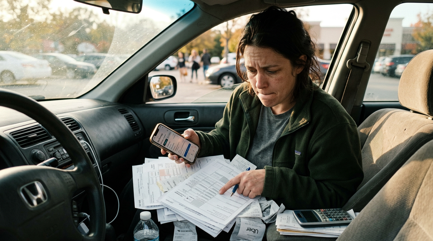 Gig worker reviewing 1099 tax forms in a car, needing a professional tax filing service and audit protection.