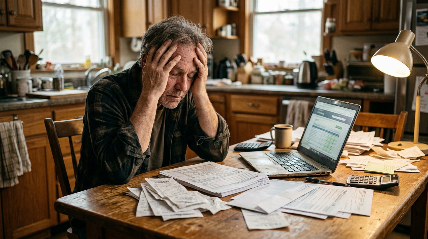 Stressed gig worker handling 1099 tax filing at home amidst IRS furlough delays.