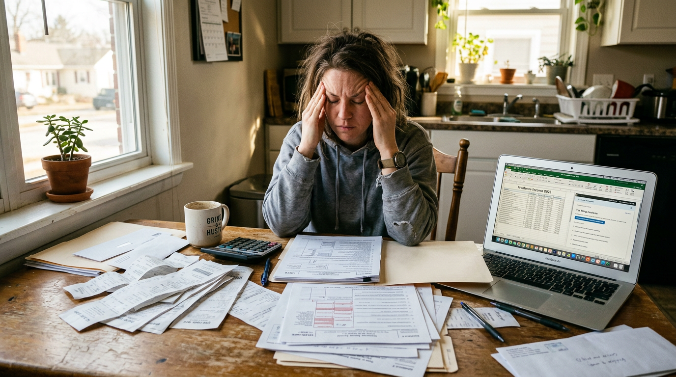 Frustrated gig worker at a laptop surrounded by receipts, needing a 1099 tax filing professional for past due taxes.
