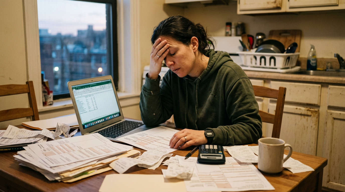 Stressed gig worker looking at 1099 tax forms and receipts, seeking tax filing solutions.