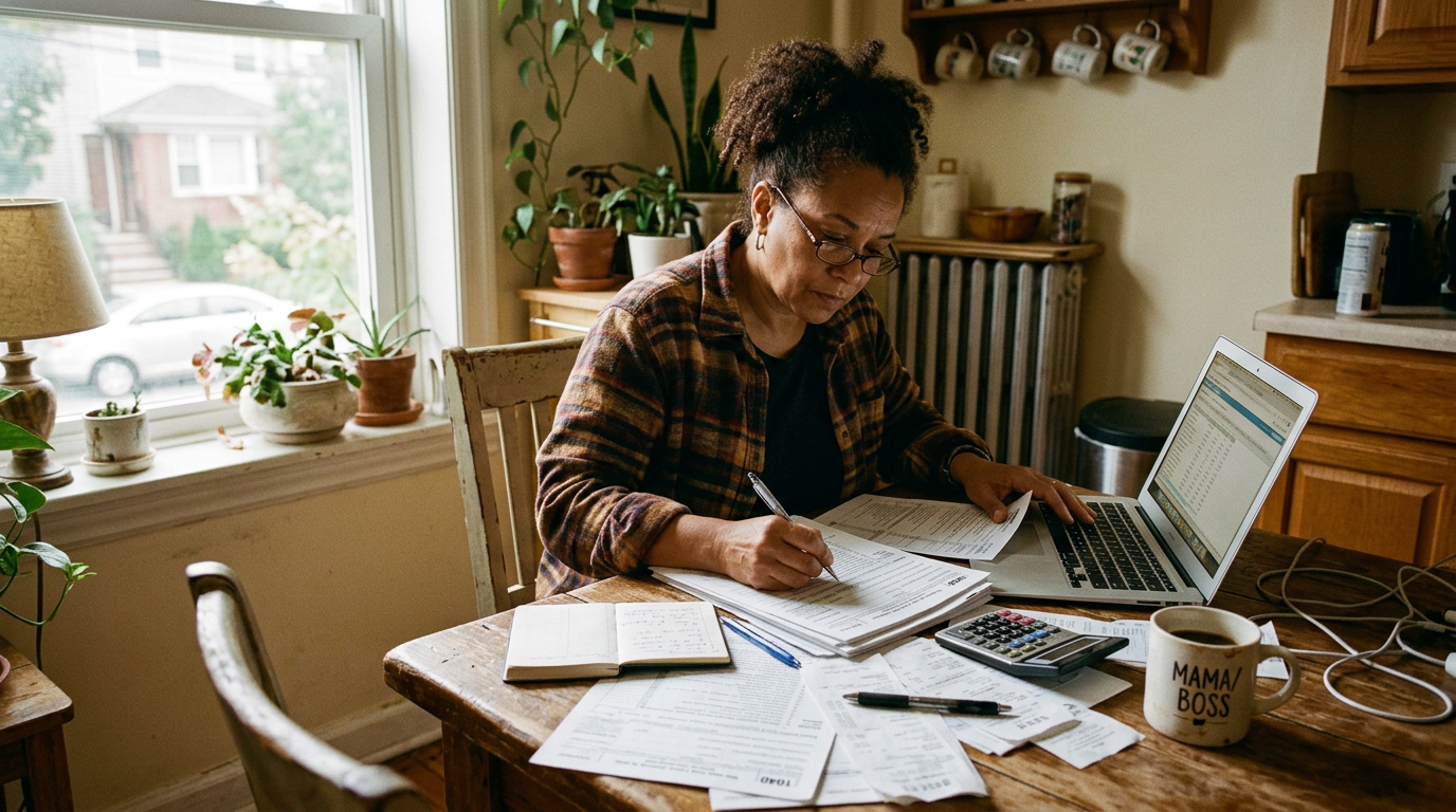 Immigrant owner-operator safely reviewing 1099 tax filing documents at home.