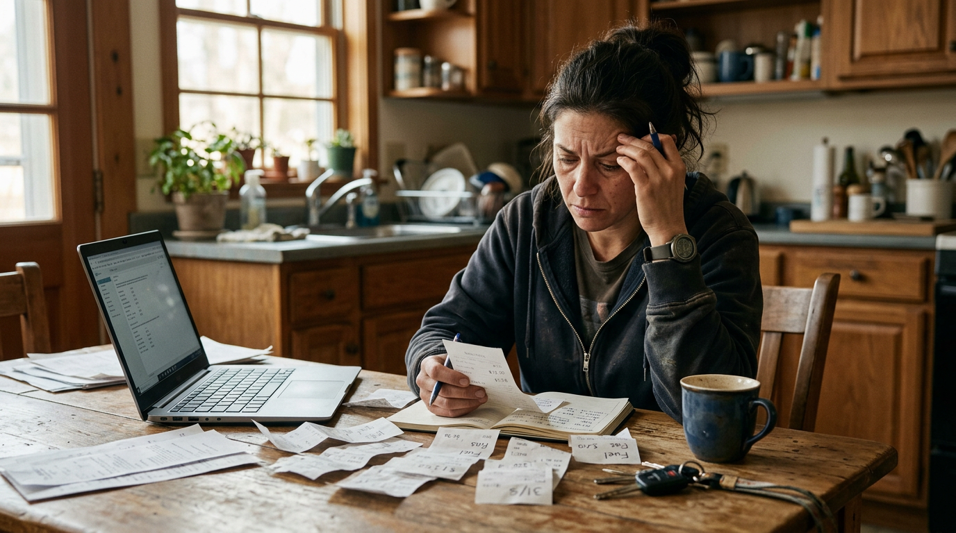 Stressed gig worker reviewing tax receipts and laptop, showing the need for a reliable tax filing service and preparation.