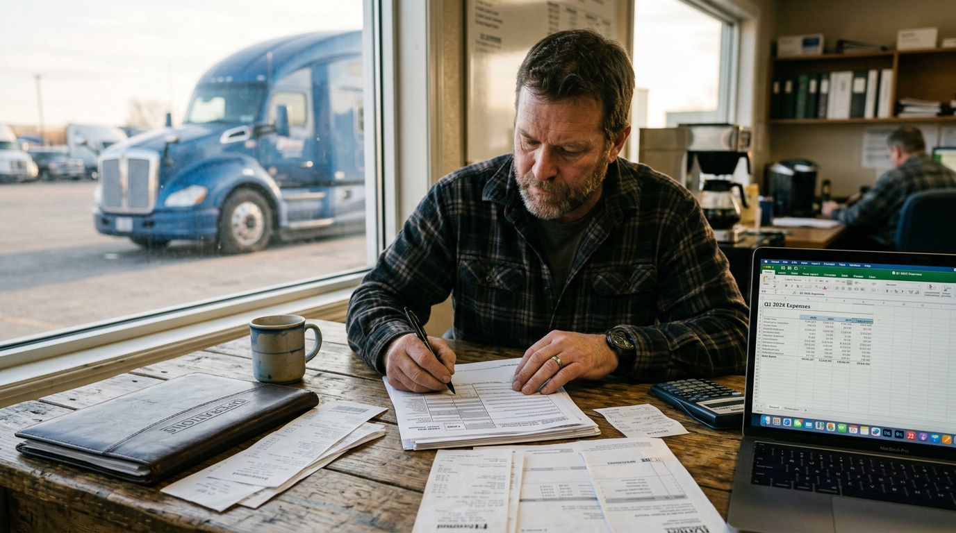 Owner-operator organizing 1099 tax filing documents and business receipts for professional tax preparation.