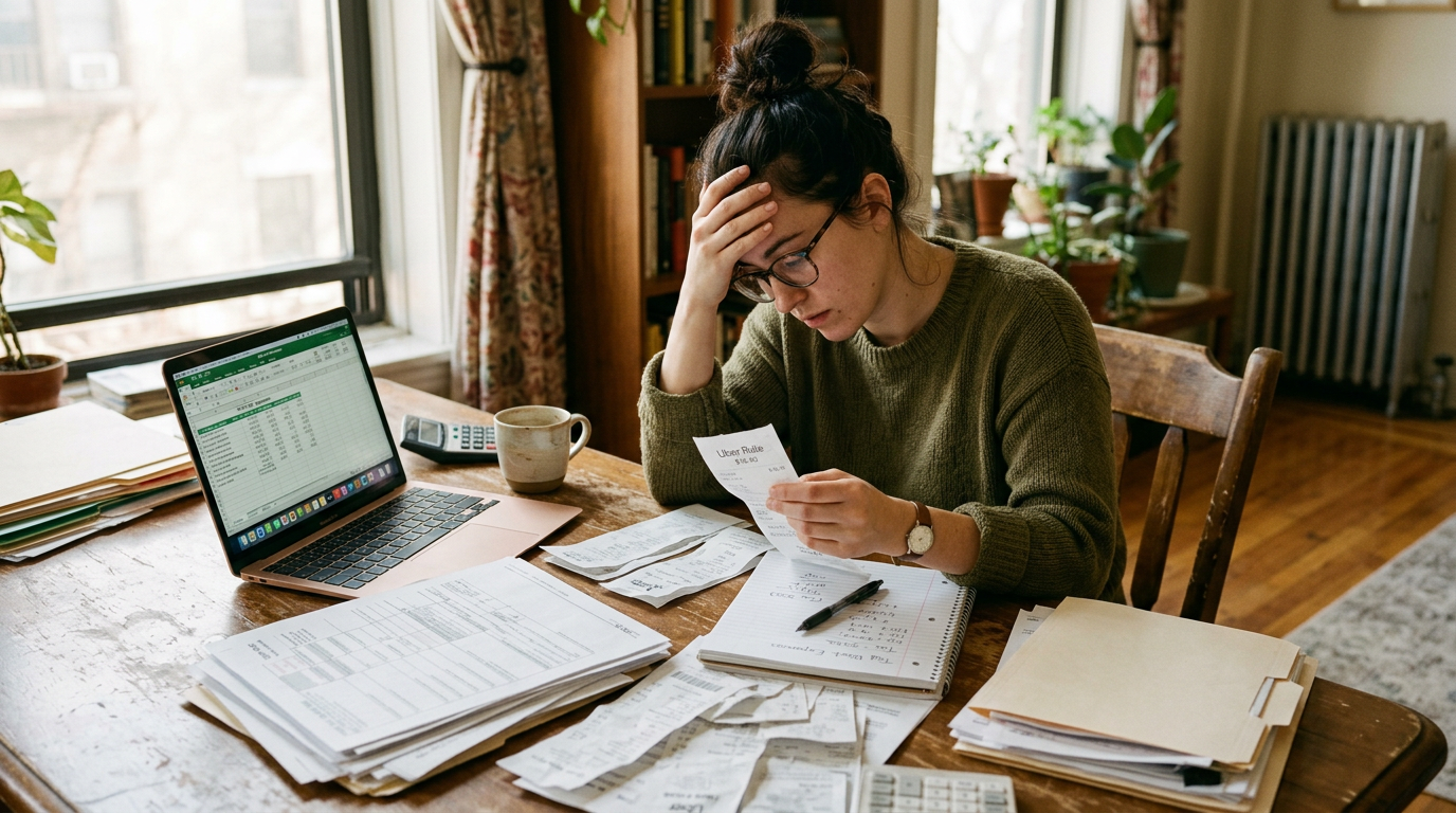 Freelance worker organizing small business taxes and 1099 documents at a home desk.