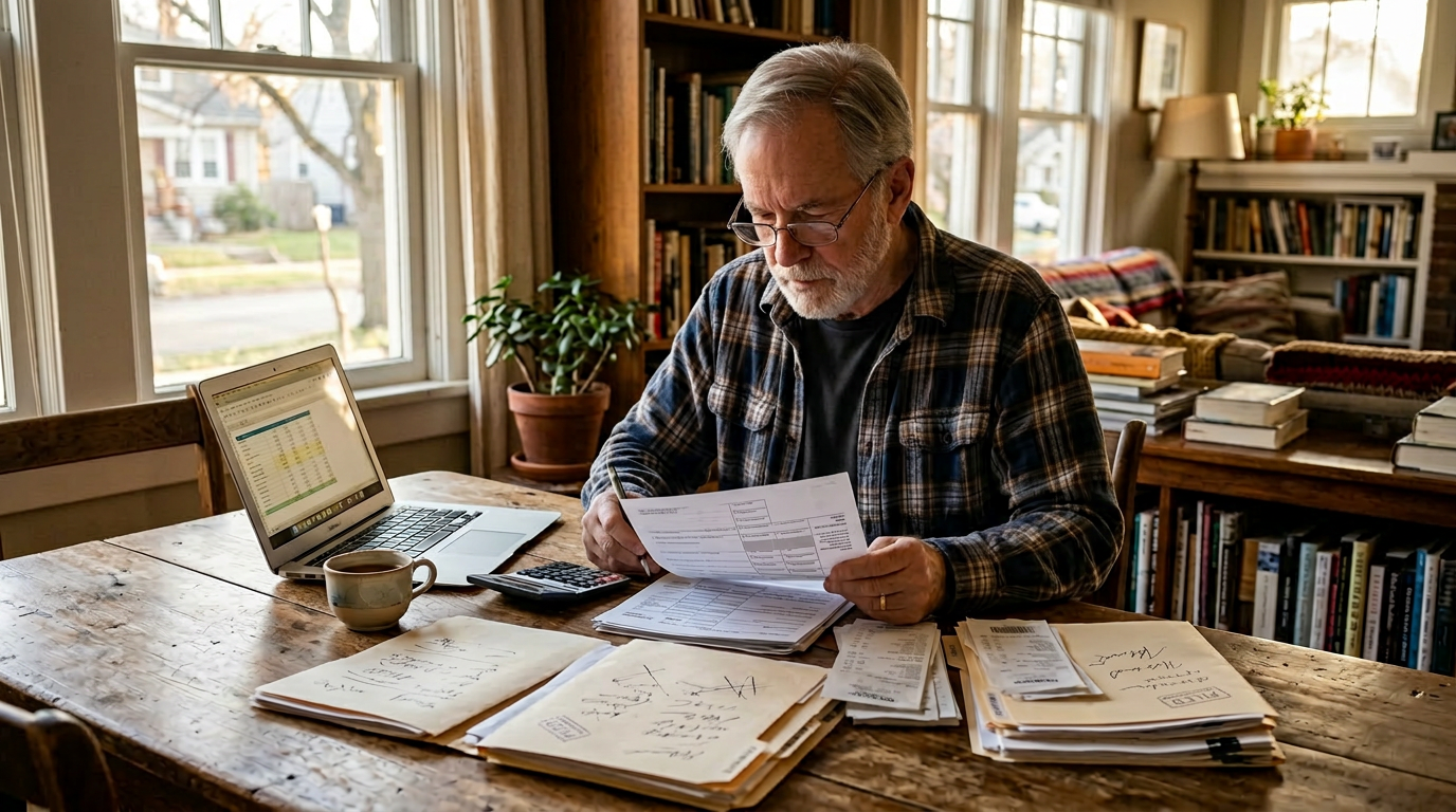 Senior self-employed business owner learning how to file past due 1099 taxes with organized paperwork.